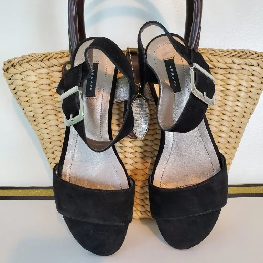 Array Black Leather Suede Open Toe Classic Vacation Summer Sandals Size 8M
